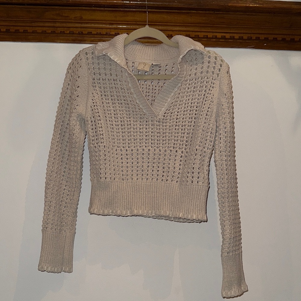 Joie Light Beige Open-Knit V-Neck Sweater with Collar